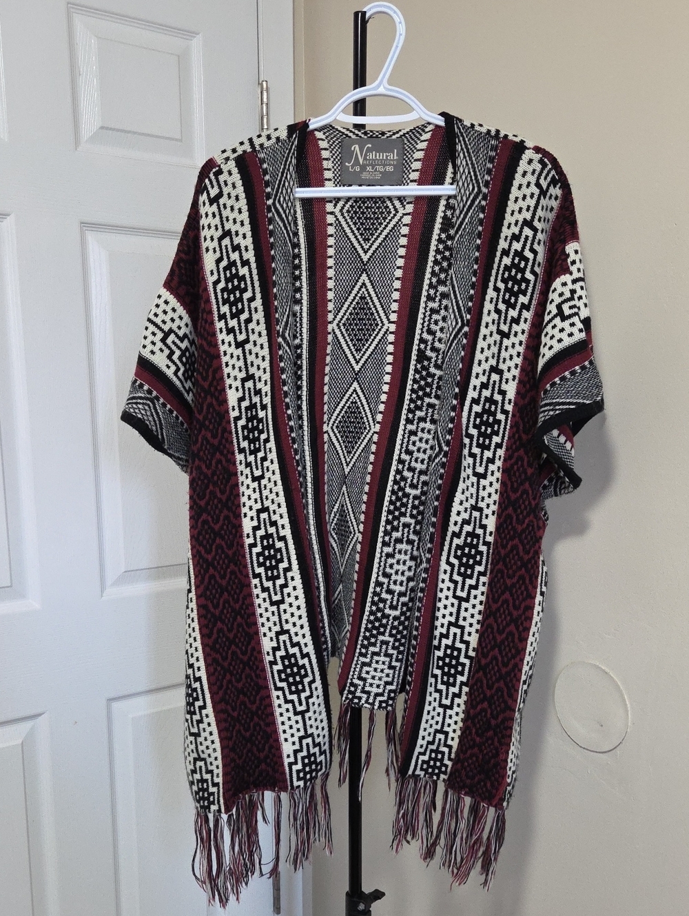 Natural Life Women's Open-Front Aztec Knit Cardigan — Burgundy/Black/White